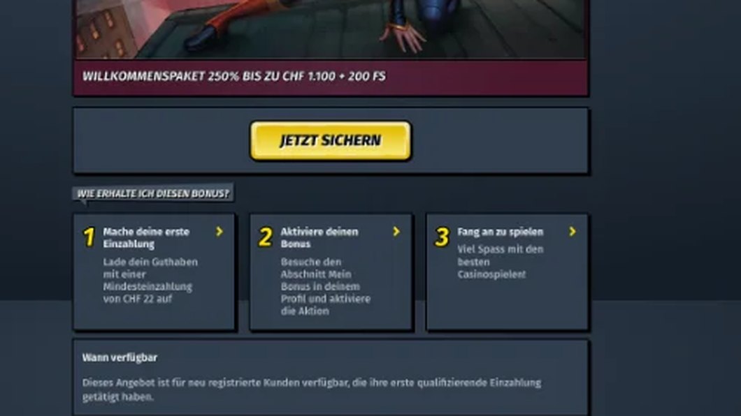 Allyspin Schweizer Bonusseite: Willkommenspaket 250 % bis zu CHF 1’100 + 200 FS, Mindesteinzahlung CHF 22